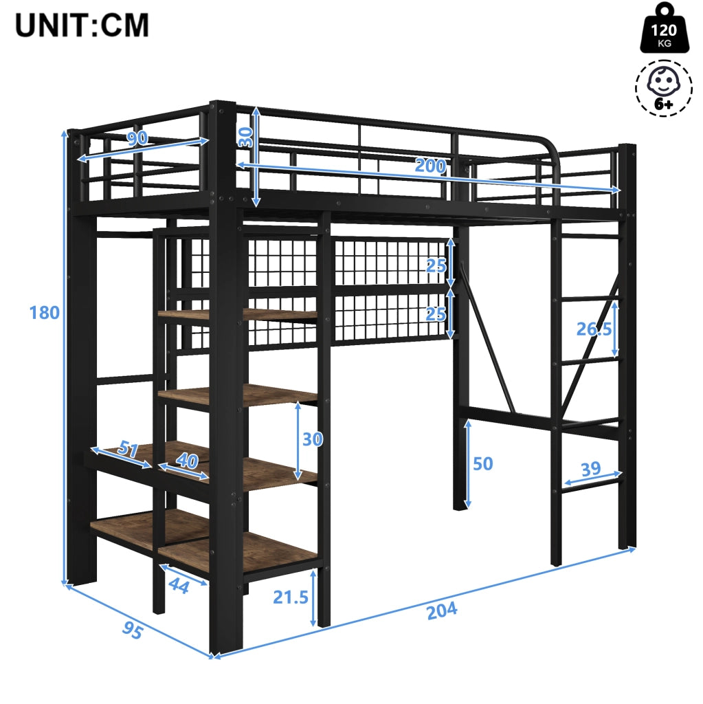LETTO a soppalco 90x200 cm in metallo e MDF nero