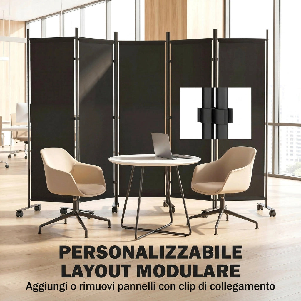 Divisorio Decorativo 5 Pannelli ¨C Xylo ¨C Acciaio Nero con Ruote
