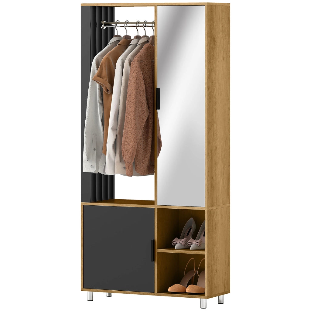 Armadio con Anta a Specchio e Appendiabiti ¨C Minimal ¨C 80x30x170 cm Legno Naturale e Nero