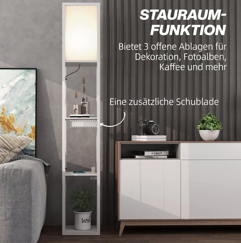 Lampada da terra bianca in MDF con 3 ripiani, interruttore a pedale e porte USB