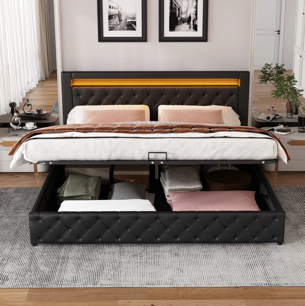 Letto imbottito 180x200 cm con rete, contenitore e luci LED