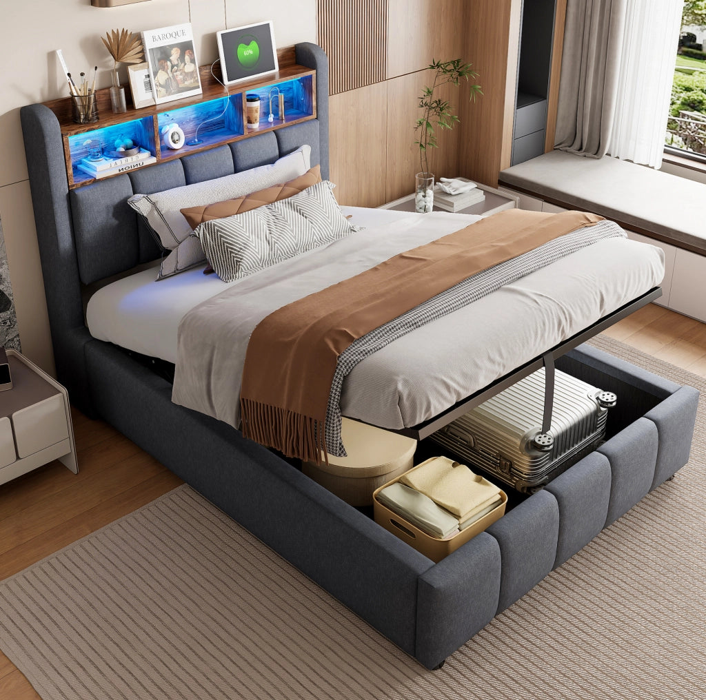 Letto singolo imbottito 90x200 cm grigio con LED e USB