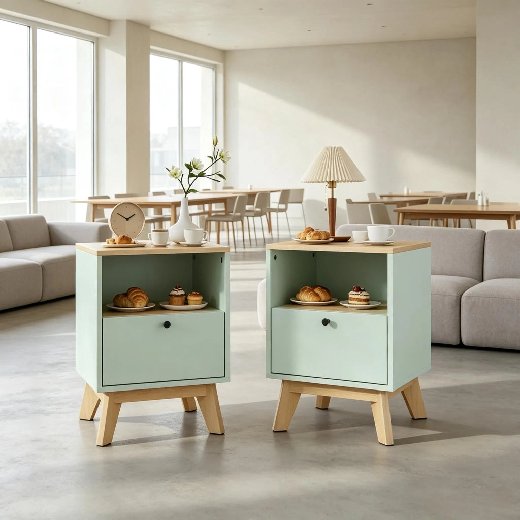 Set di 2 comodini con cassetto e vano aperto (solo 2 pezzi)
