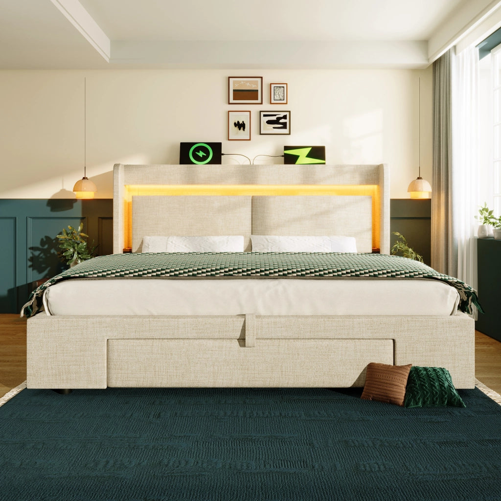 Letto contenitore 160x200 cm beige con materasso e LED