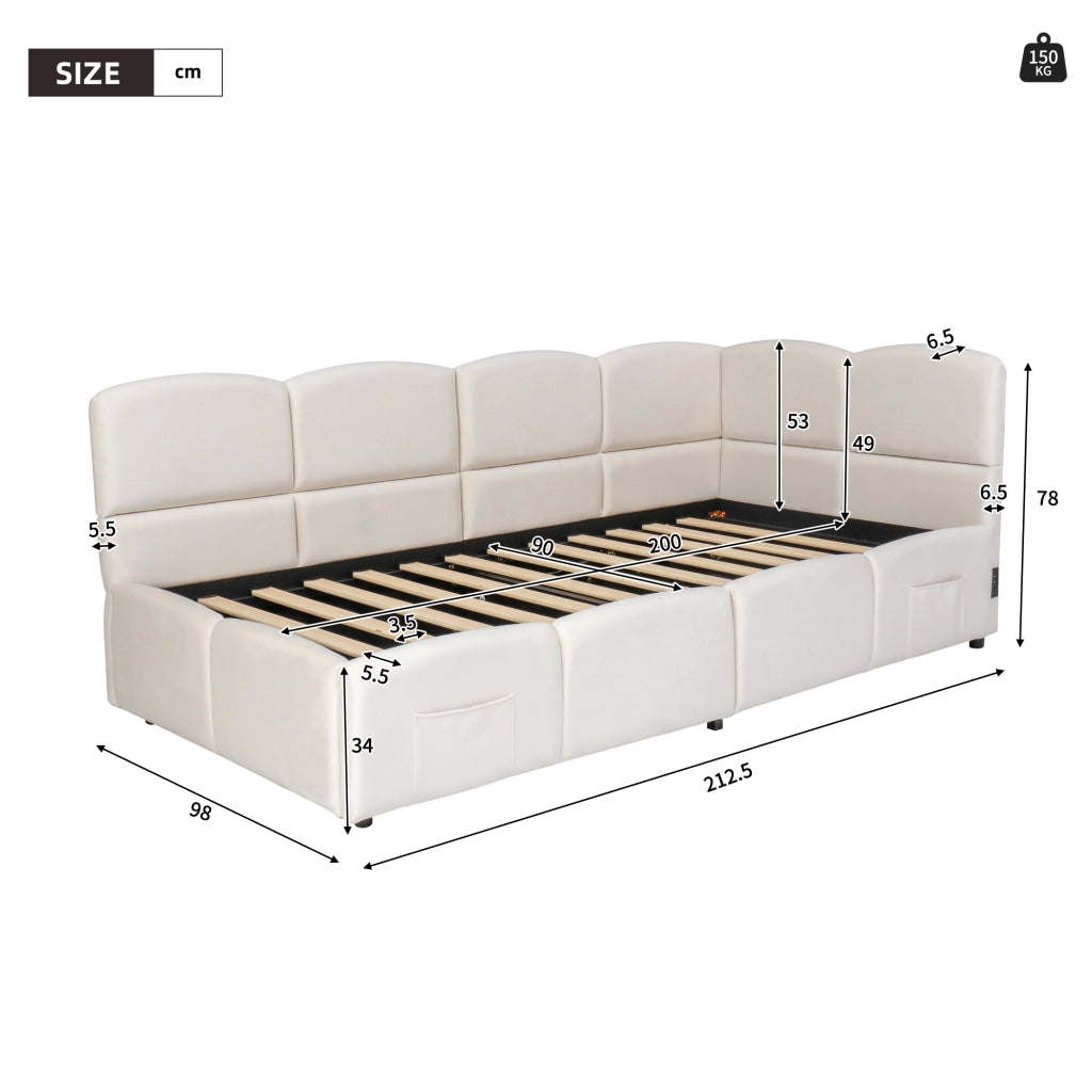 Letto a divano con vano contenitore in velluto beige 90x200 cm