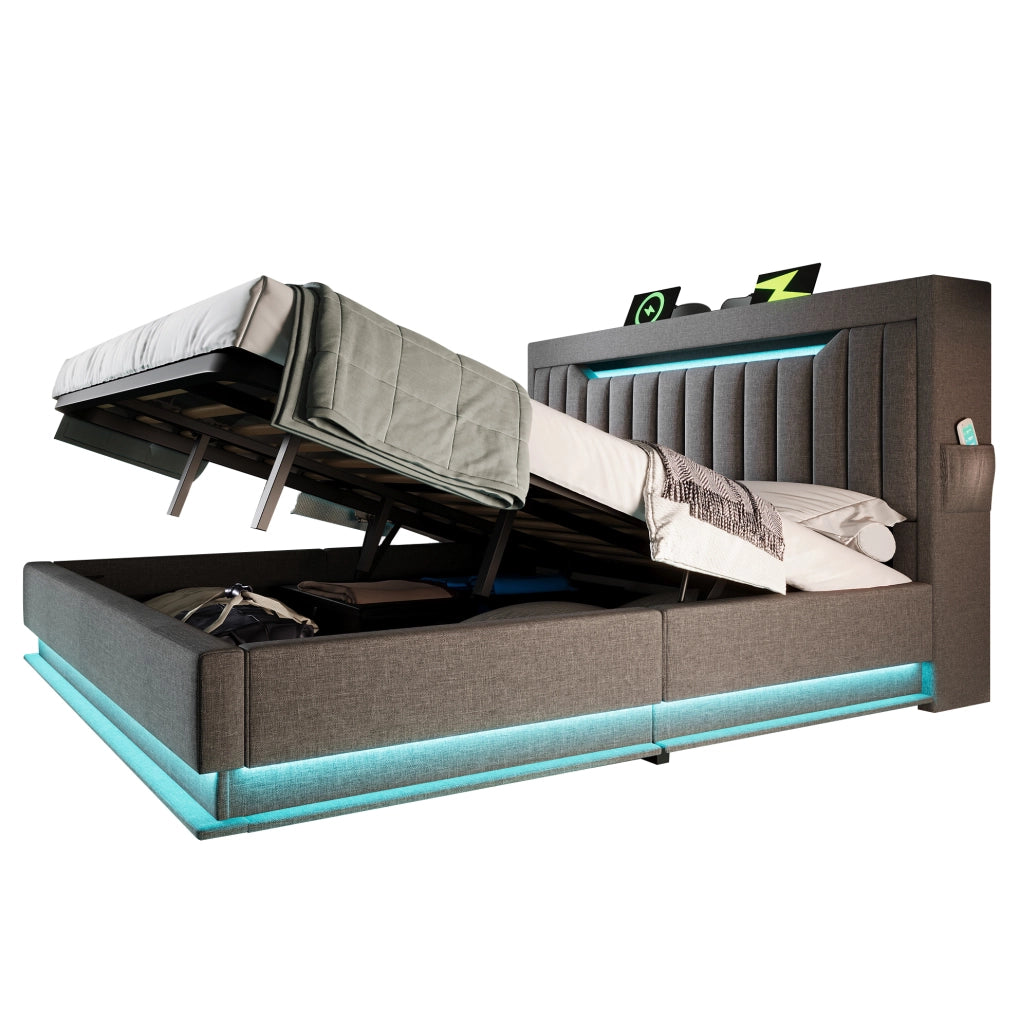 Letto contenitore 140 × 190 cm con LED; USB e USB-C; lino grigio