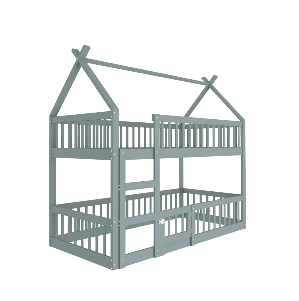 Letto a castello per bambini 90x200 cm con scala integrata e porta grigio