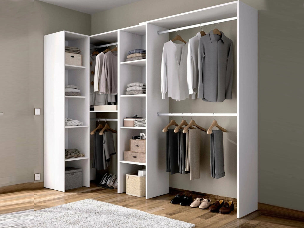 Guardaroba Antilope, Struttura per cabina armadio angolare, Mobile appendiabiti aperto ad angolo, 228x79h187 cm, Bianco