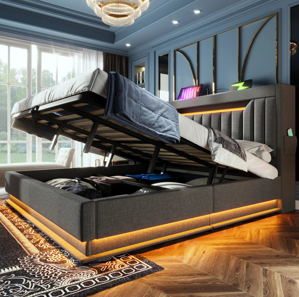 Letto contenitore 140 × 190 cm con LED; USB e USB-C; lino grigio