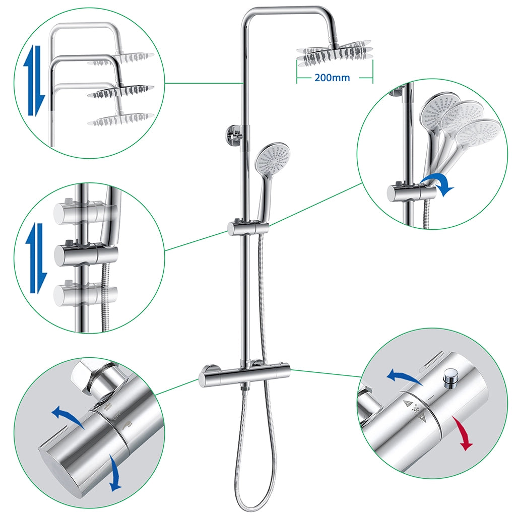 AICA Colonna Doccia con Miscelatore Termostatico, Rubinetto Doccia 28x4cm, Soffione Doccia Tondo in Acciaio Inox da 20cm Cromo