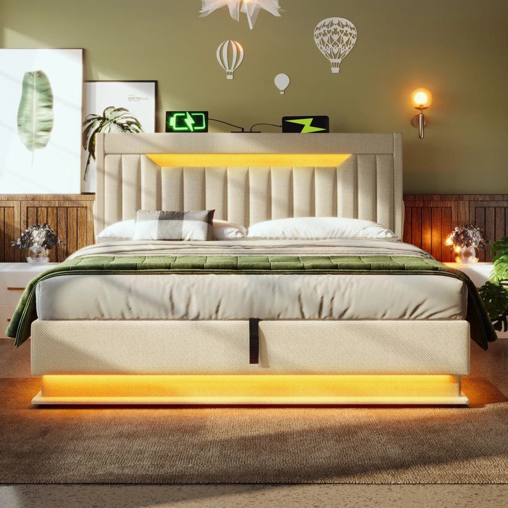 Letto matrimoniale contenitore 180 × 200 cm in lino beige con LED USB Type-C e testiera con ripiani