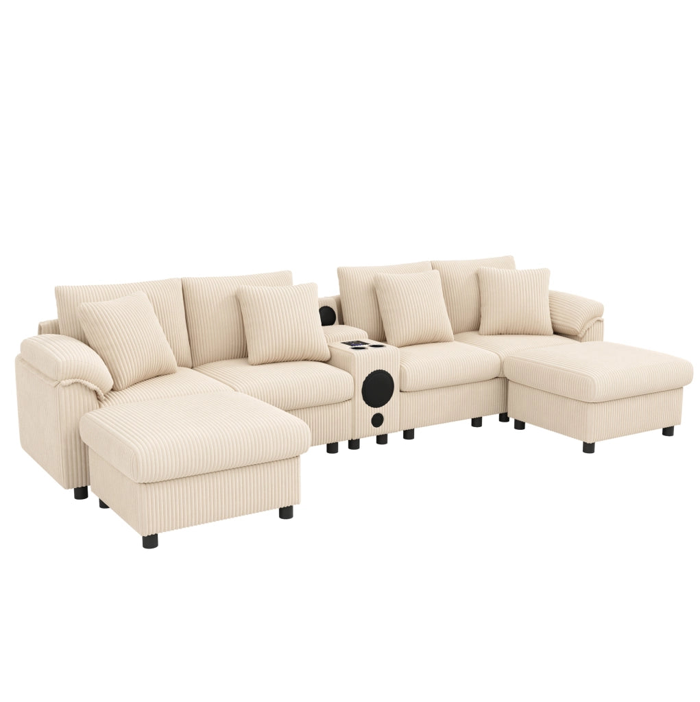 Divano modulare ULEVR 315,5x144 cm beige con console Bluetooth, ricarica wireless, USB/Type-C e portabevande