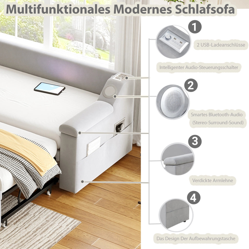 Divano letto imbottito 90/180x190 cm con Bluetooth e USB