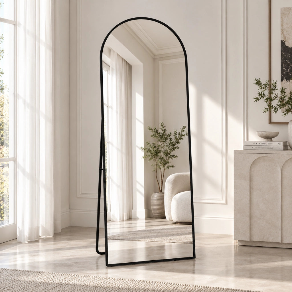 Specchio a Figura Intera 160x50 cm, Specchio da Terra ad Arco con Supporto Regolabile, Vetro Temperato HD, Cornice in Alluminio per Camera da Letto Soggiorno, Nero Opaco