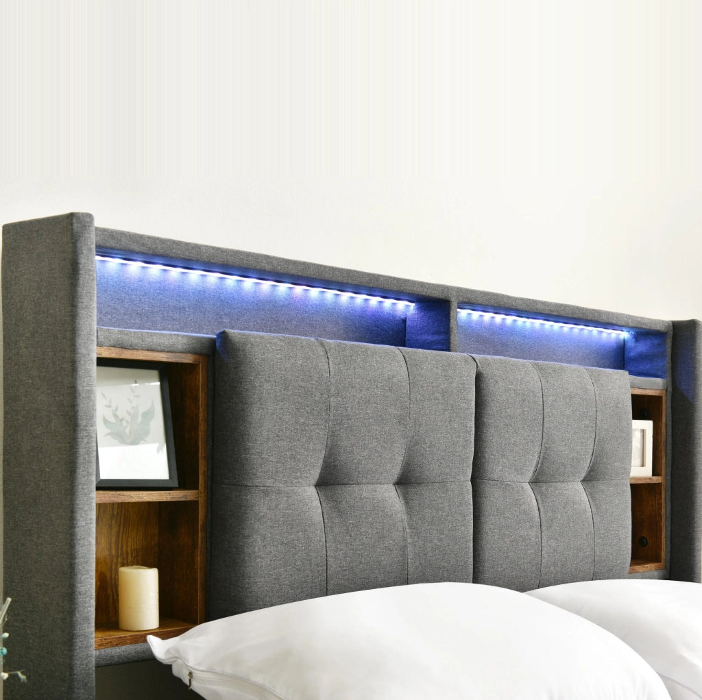 Letto matrimoniale 160x200 cm grigio con testiera contenitore, LED, USB e prese
