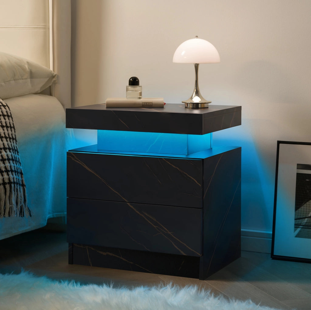 Comodino ULEVR con LED multicolore regolabile, 2 cassetti e vano aperto, nero e oro