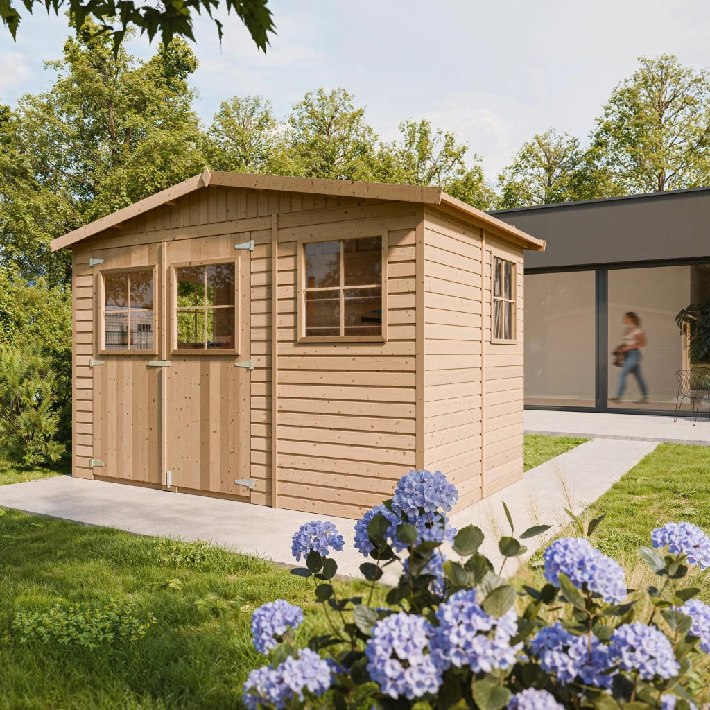 TIMBELA M334 Casa da giardino in legno naturale A226x216x324 cm/6 m²
