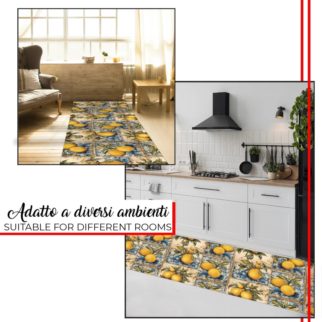 Tappeto Cucina Gomma Pvc Stampato Alta Risoluzione HD Antimacchia Antiscivolo Limoni Vintage - 51x450 Cm
