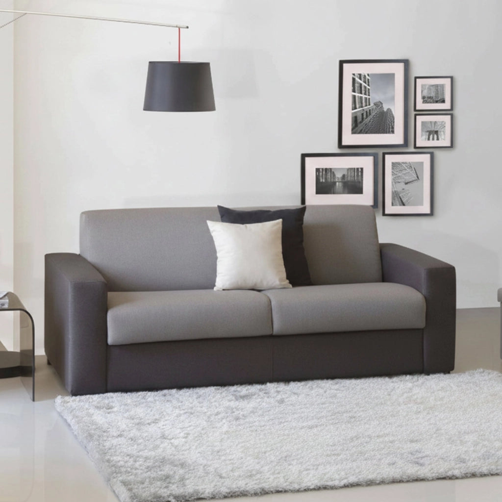 Divano Letto Zinnia, Divano a 3 posti, Made in Italy, Sofà\  Soggiorno con apertura girevole, in tessuto imbottito, con Braccioli slim, cm 200x95h90, Grigio e Antracite
