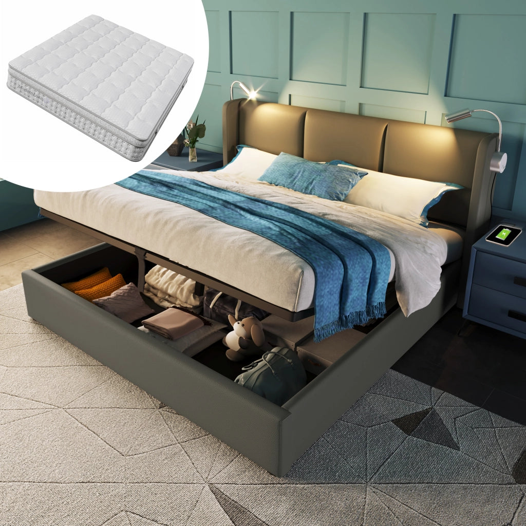 Letto matrimoniale 160x200 con materasso e contenitore grigio
