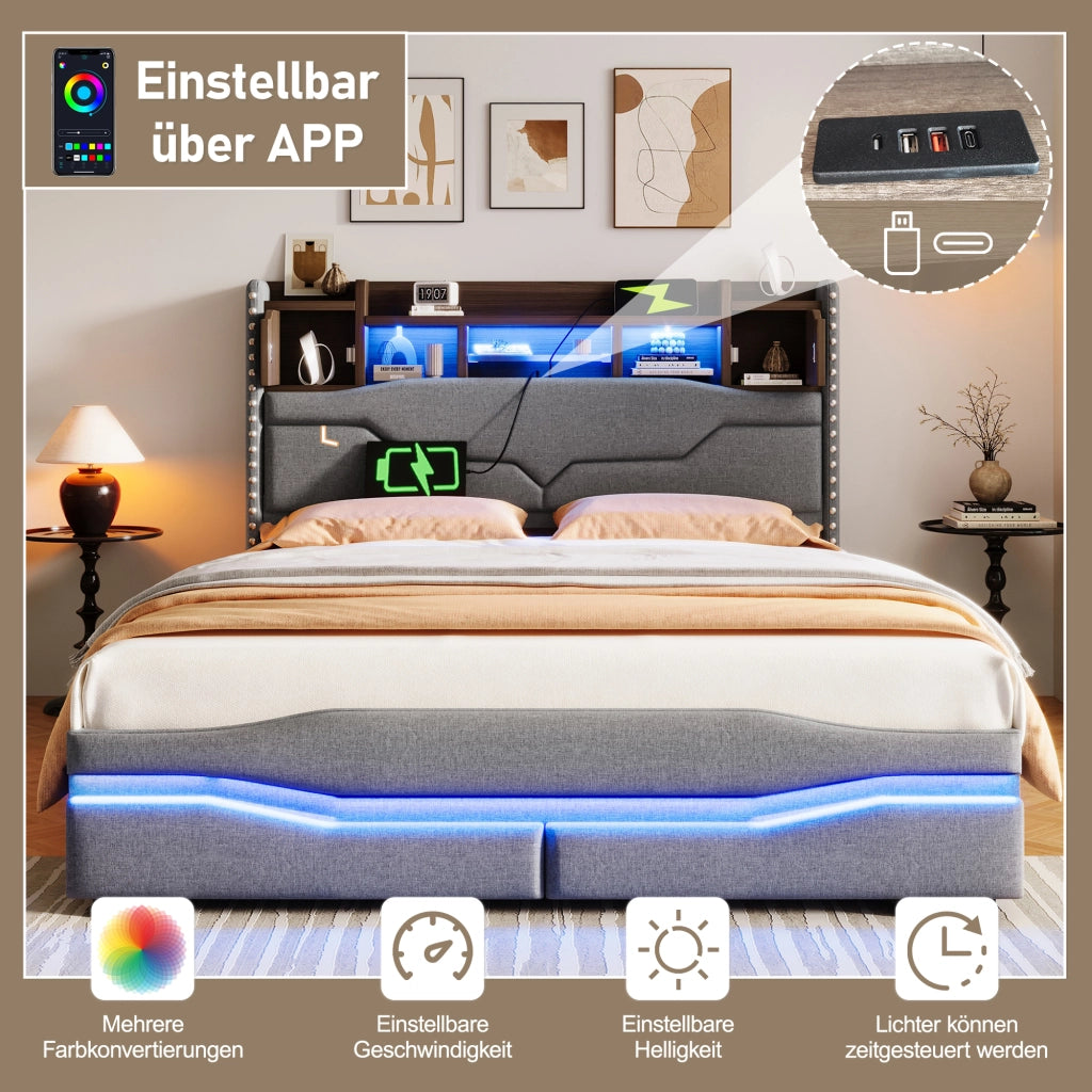 Letto matrimoniale contenitore 140 × 200 cm in lino e MDF con LED prese USB e tipo C