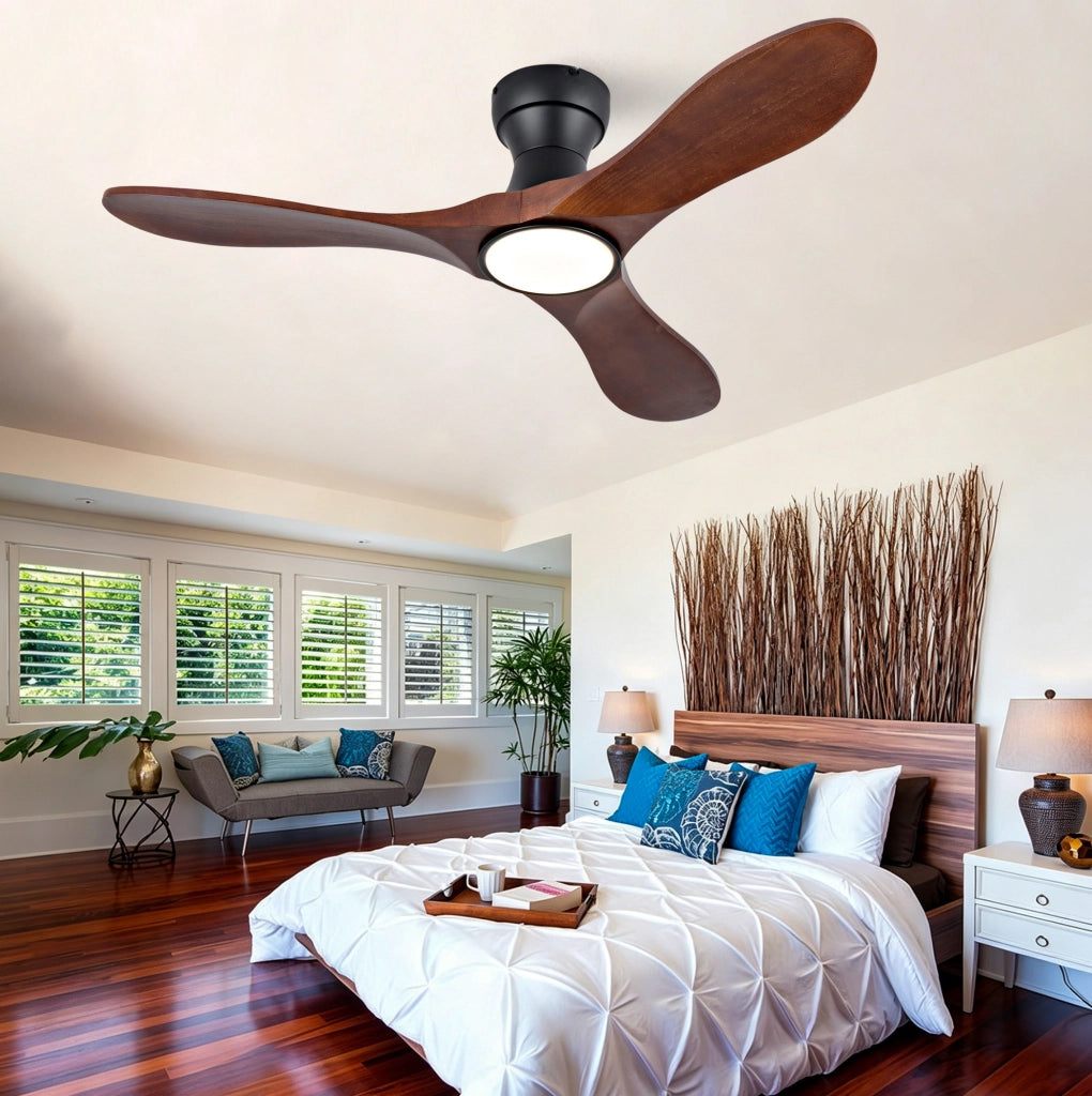 Ventilatore da soffitto 42 pollici con luce LED e telecomando; 3 pale in legno; nero e noce scuro
