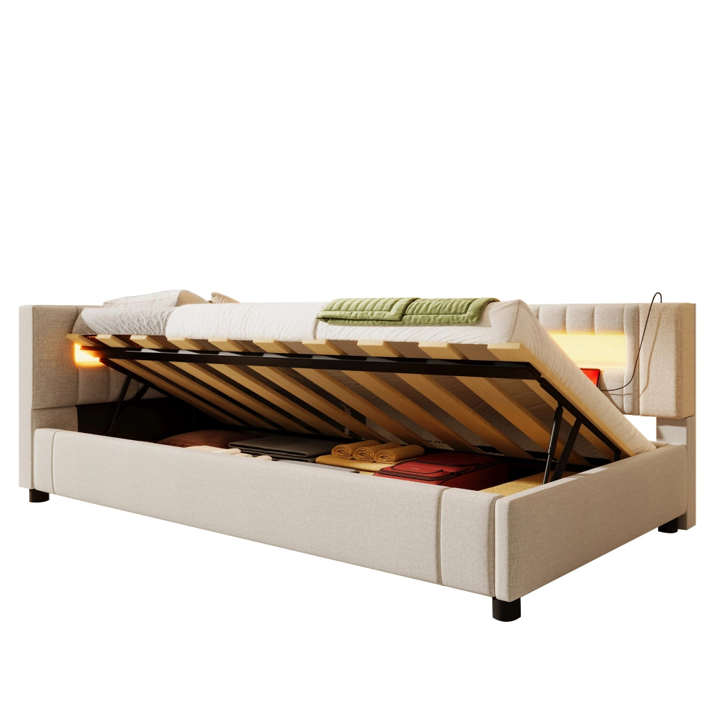 Daybed in lino beige 90x200 con LED; sollevamento idraulico; USB/Type-C; senza materasso