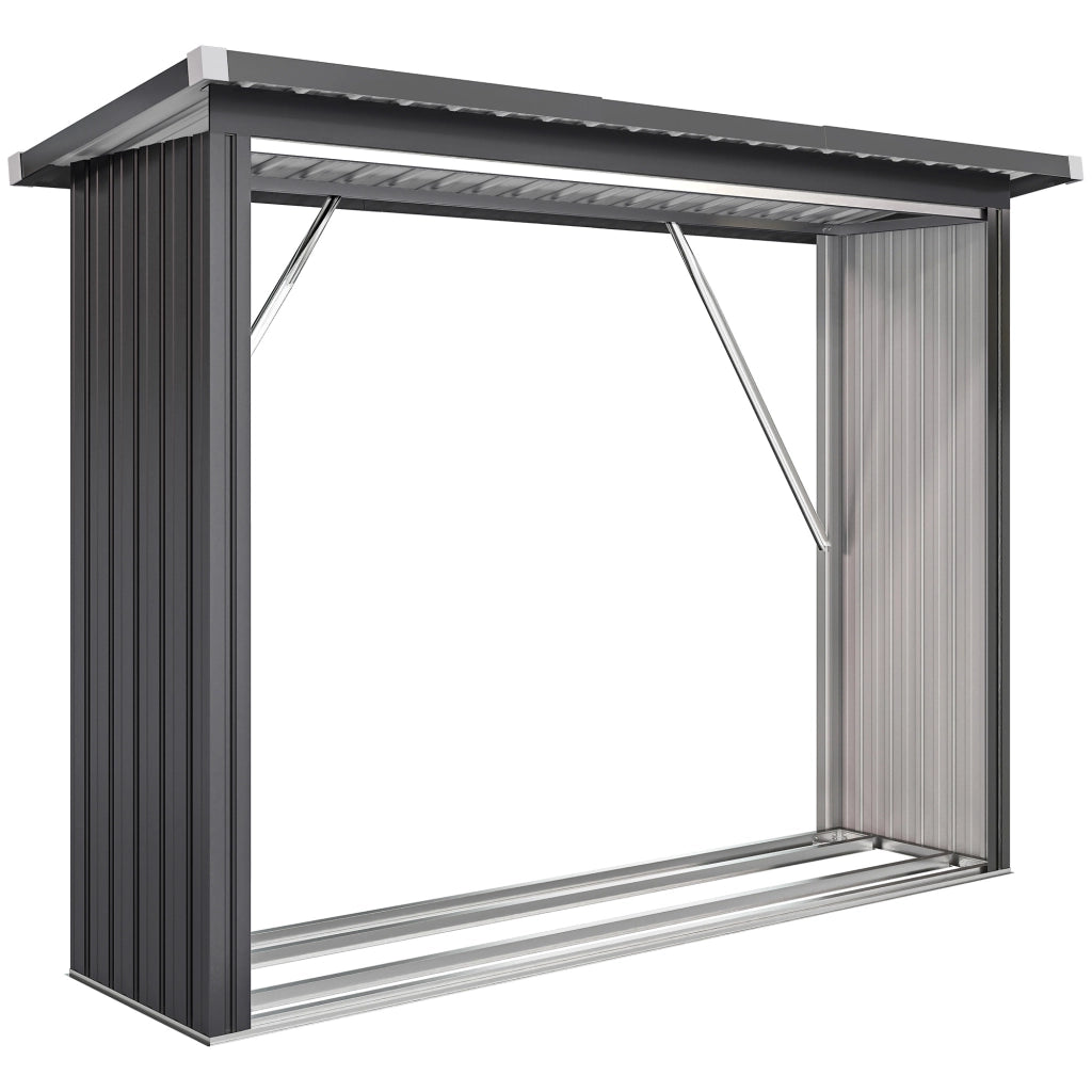 Capanno Portalegna Legnaia da Esterno 213x66.5x150 cm Base Rialzata e Tetto Inclinato in Acciaio Grigio Scuro