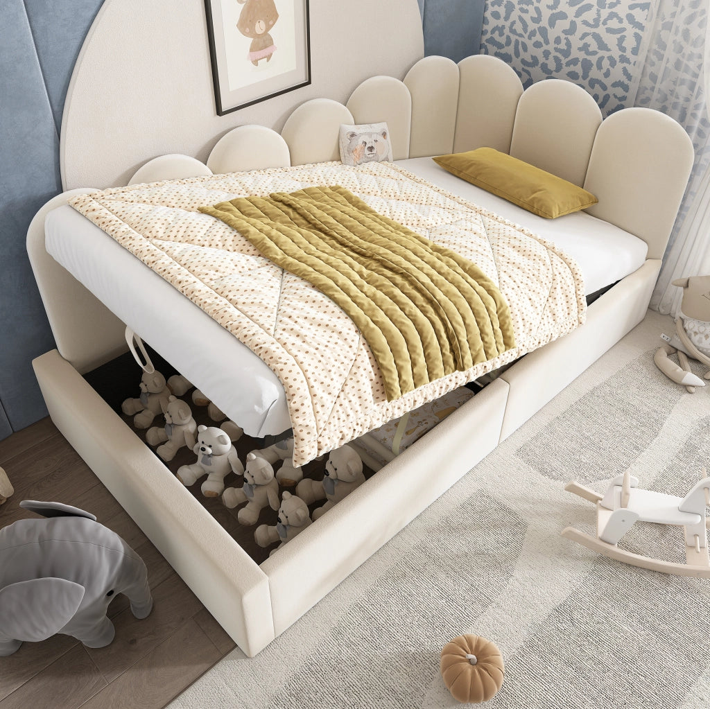 Letto Giorno Poltrona 90x190 cm in Velluto Beige con Contenitore Idraulico e Rete in Metallo per Bambini, Senza Materasso