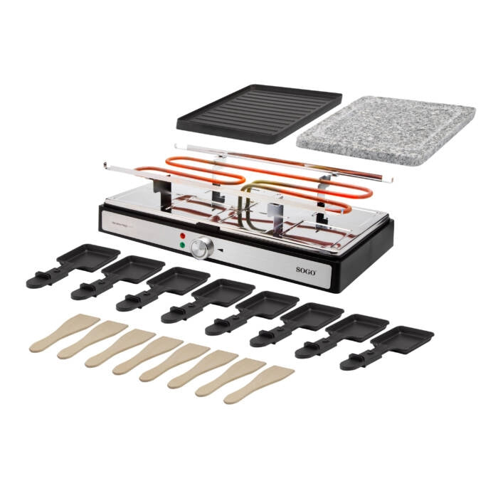 Raclette elettrica con grill e pietra, piastra 42x21 cm 8 persone, termostato regolabile 1400W per carne e formaggio - Sogo