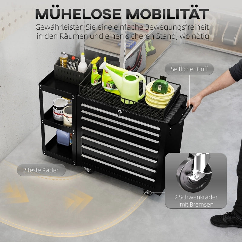 Carrello da officina/carrello portautensili con 7 cassetti, ripiano laterale removibile, 4 ruote con freno di bloccaggio, 96x33,5x75 cm, nero
