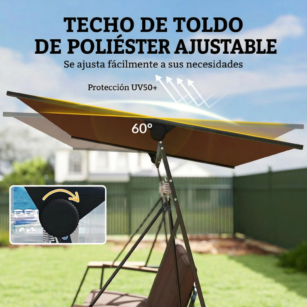 Dondolo Giardino 3 Posti con Tetto Regolabile Cuscini e Bandeja ¨C Minimal ¨C Marrone