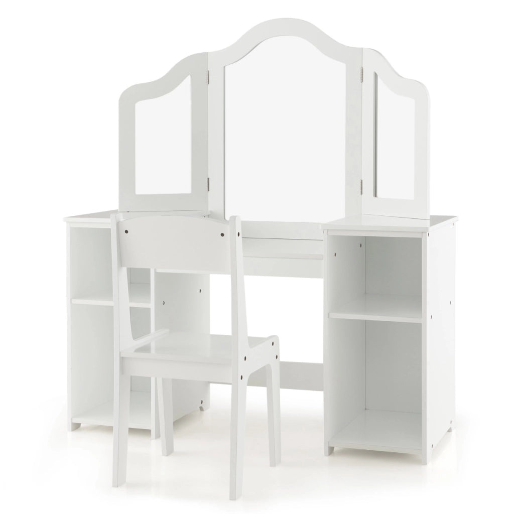 Set tavolo da trucco sedia per bambini con specchio a 3 ante rimovibile, Set 2-in-1 di vanit¨¤ per ragazze Bianco