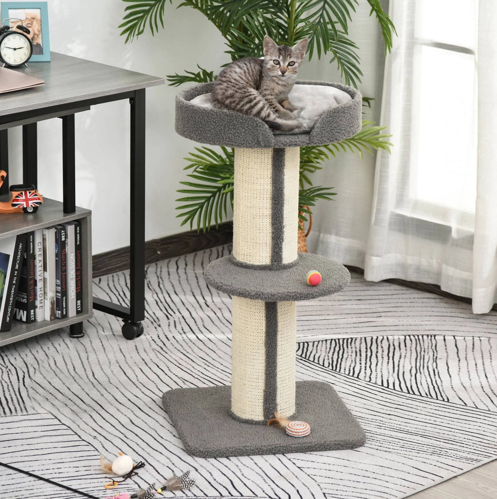 Tiragraffi per gatti con piattaforme, sisal e cuscino grigio
