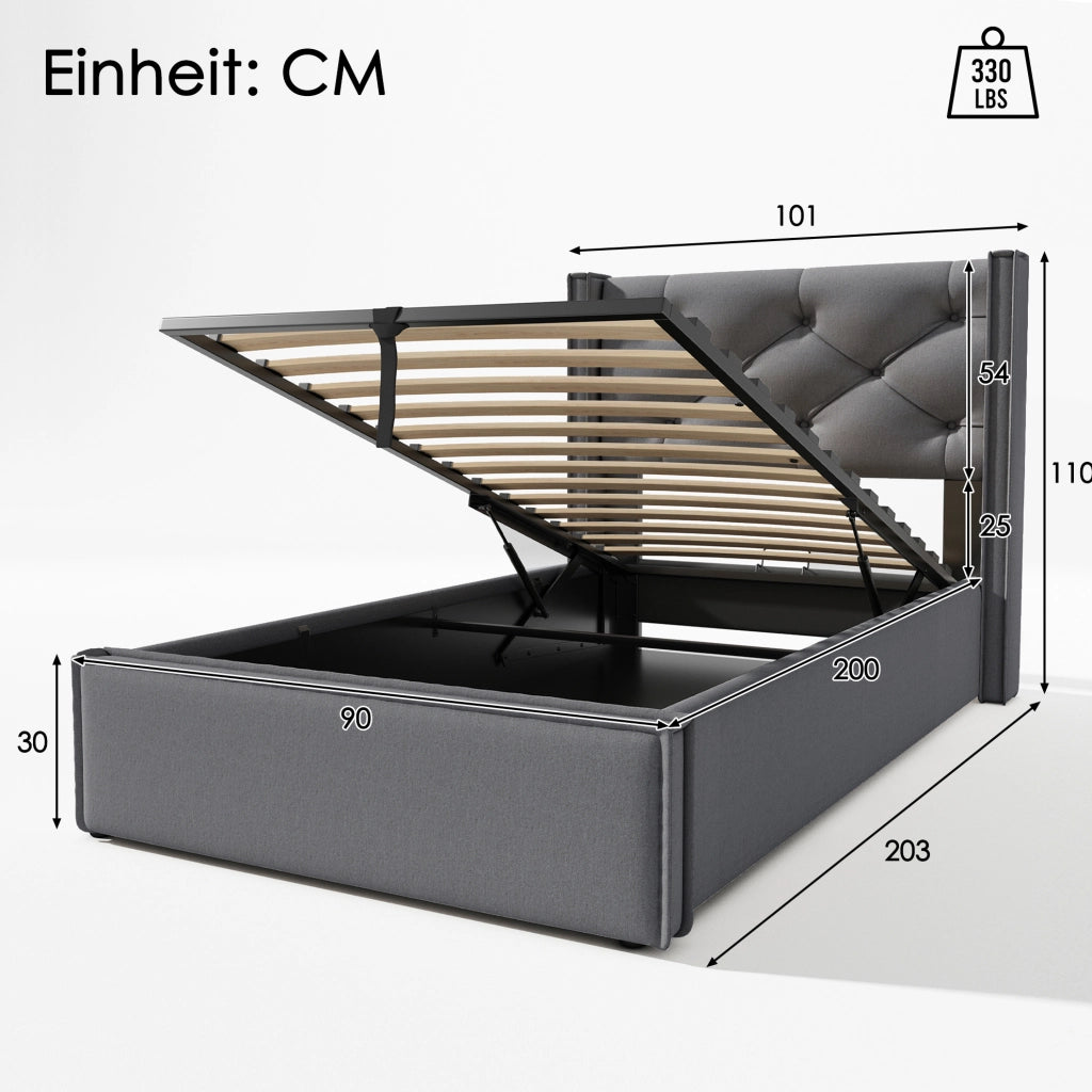 Letto singolo imbottito 90x200 cm con contenitore e testiera trapuntata