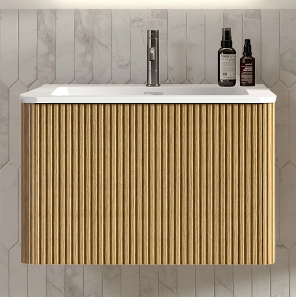 Mobile bagno sospeso 60 cm con lavabo in mineralguss e design a scanalature, colore quercia naturale, preassemblato