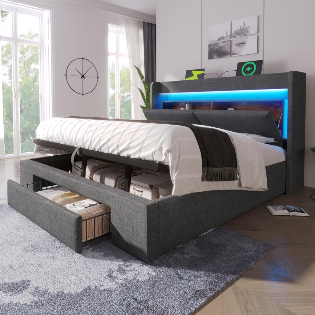 Letto contenitore imbottito 160 × 200 cm con LED; USB e USB-C; lino grigio