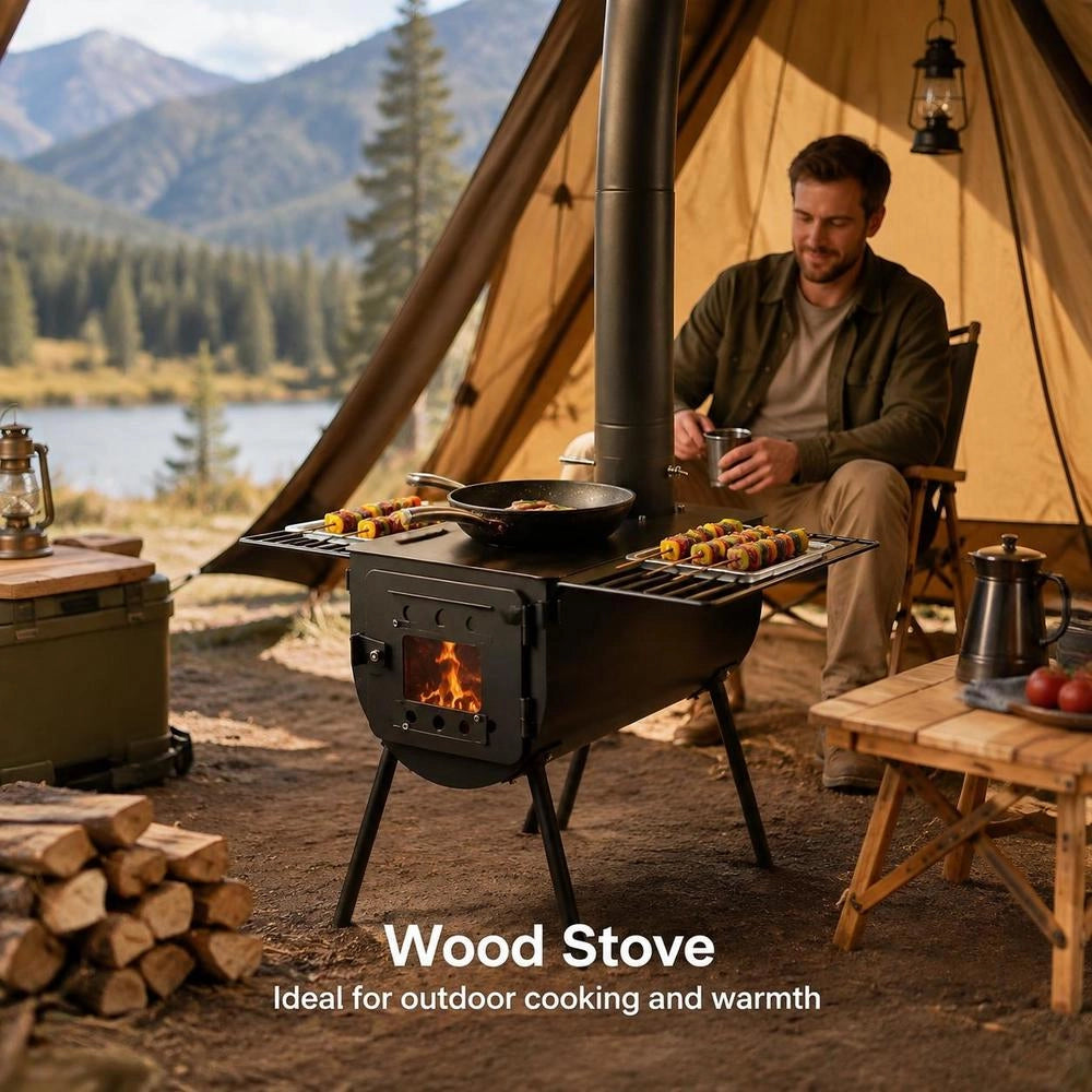 Portable Wood-burning Stove, Camping Hot Tent BBQ Oven, 300 Cm, For Outdoor Use With Pipes