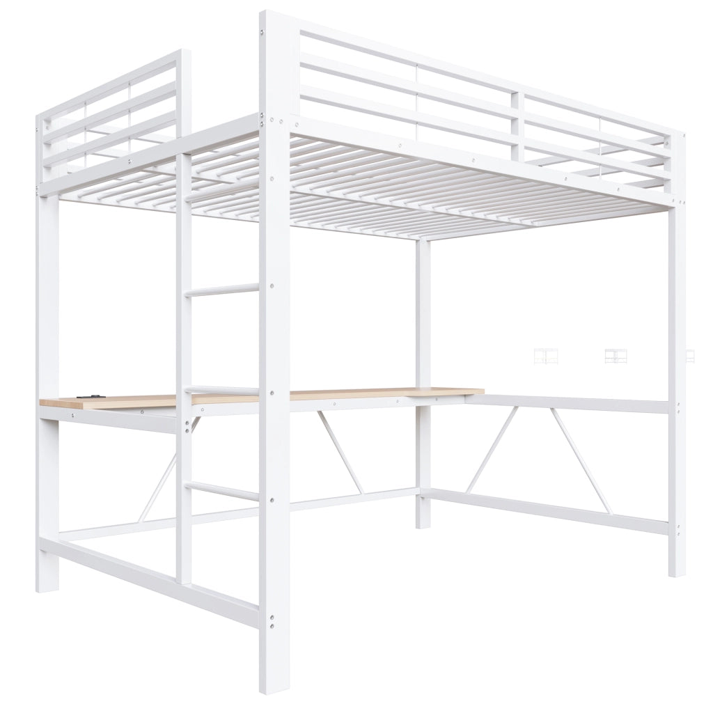 Letto a soppalco 140 × 200 cm con scrivania LED e ricarica USB in metallo e MDF bianco