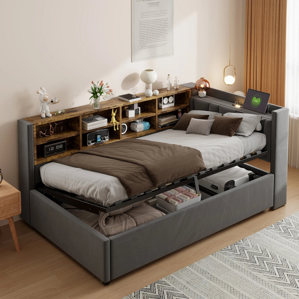 Letto imbottito con contenitore idraulico, testiera con luce e prese USB e Type-C, 90x200 cm
