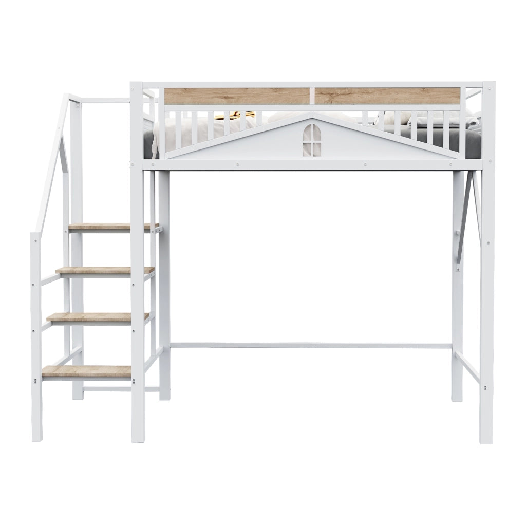 Letto a Soppalco in Metallo con Scala ¨C MINIMAL ¨C Bianco 140x200