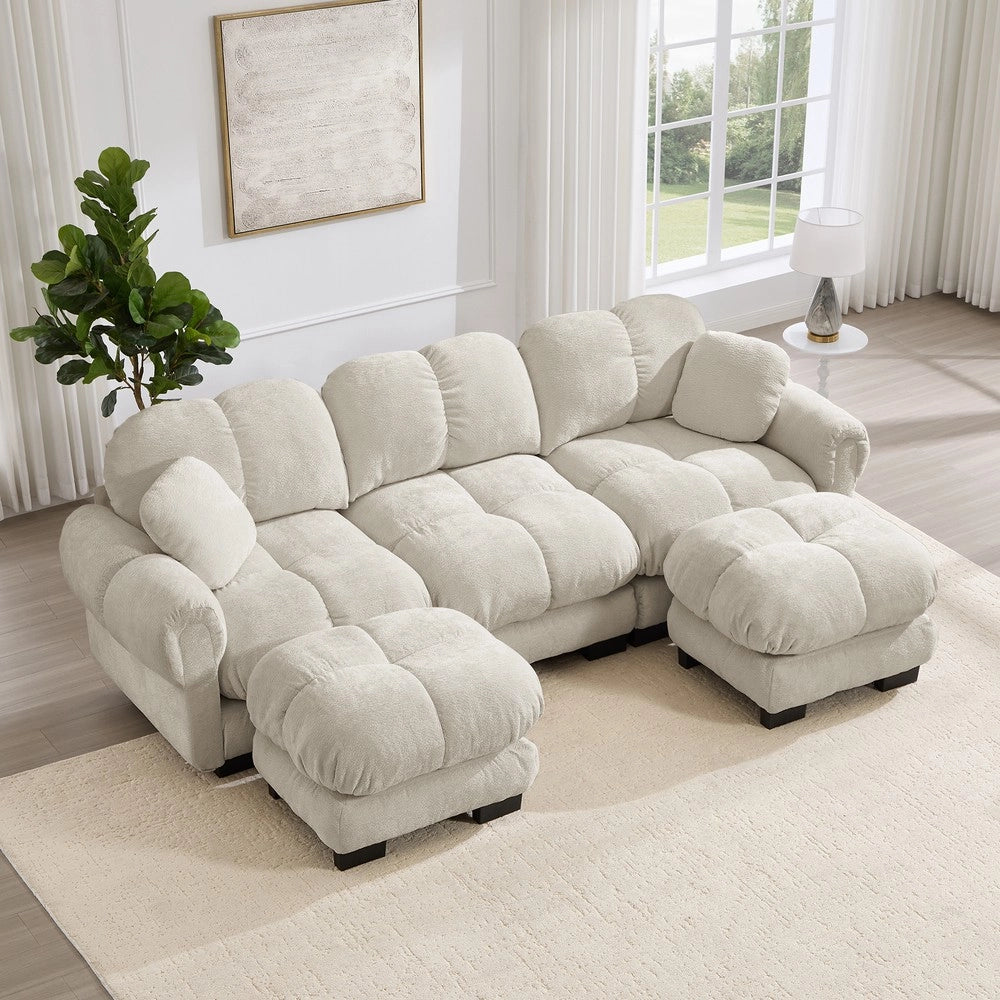 Divano 3 posti con poggiapiedi e cuscini trapuntato ¨C Minimal ¨C Tessuto kaki chiaro