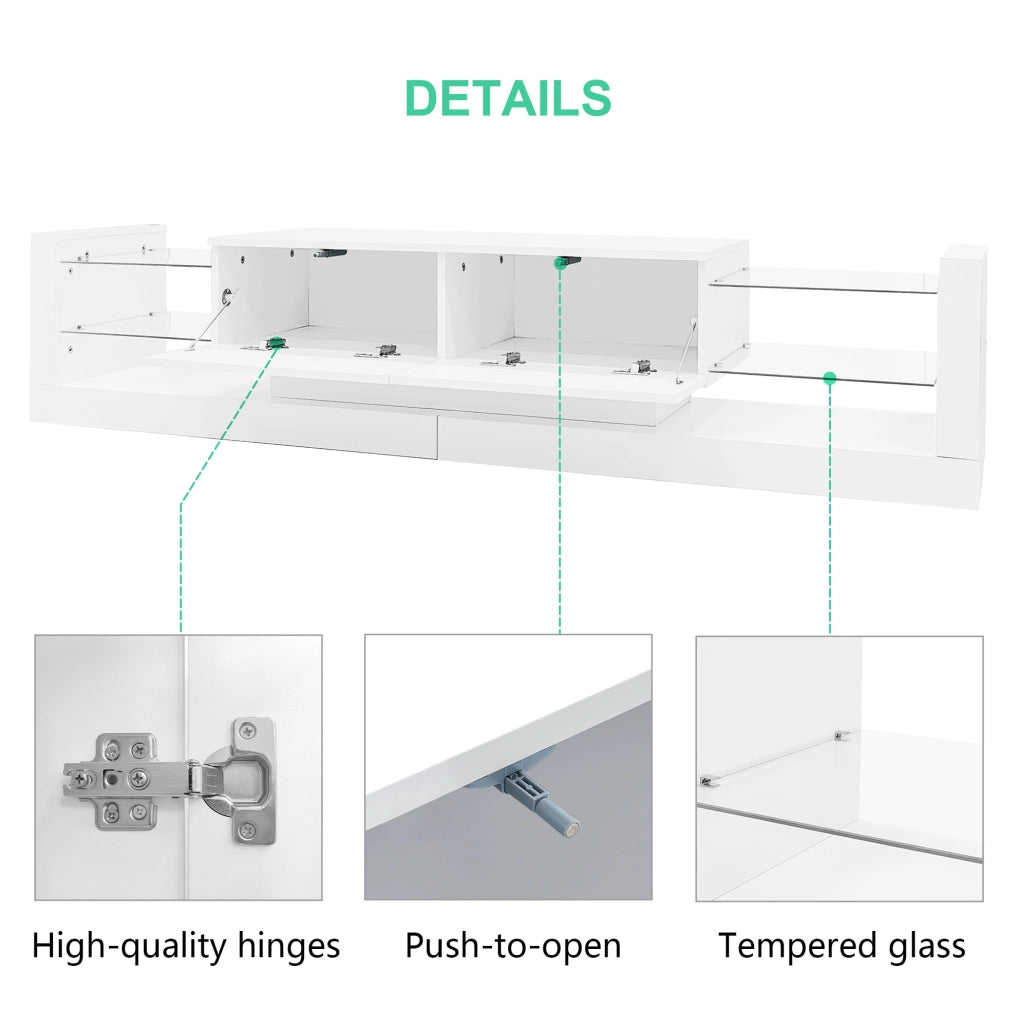 Mobile TV moderno 181 cm con LED; frontale in vetro e 2 cassetti ribaltabili; bianco