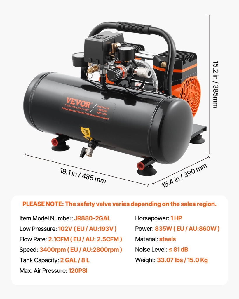 Compressore d'Aria Senza Olio JR880-2GAL Serbatoio Acciaio 8L 860W 8 Bar Portatile Silenzioso per Officina e Fai da Te