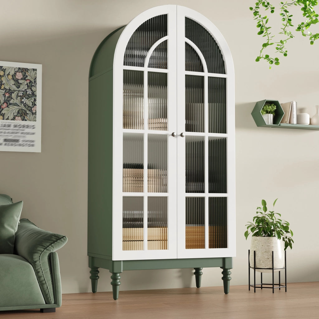 Vetrina ad arco con ante doppie in vetro rigato tre ripiani MDF verde scuro e bianco portata 60 kg 76 × 38.5 × 165 cm