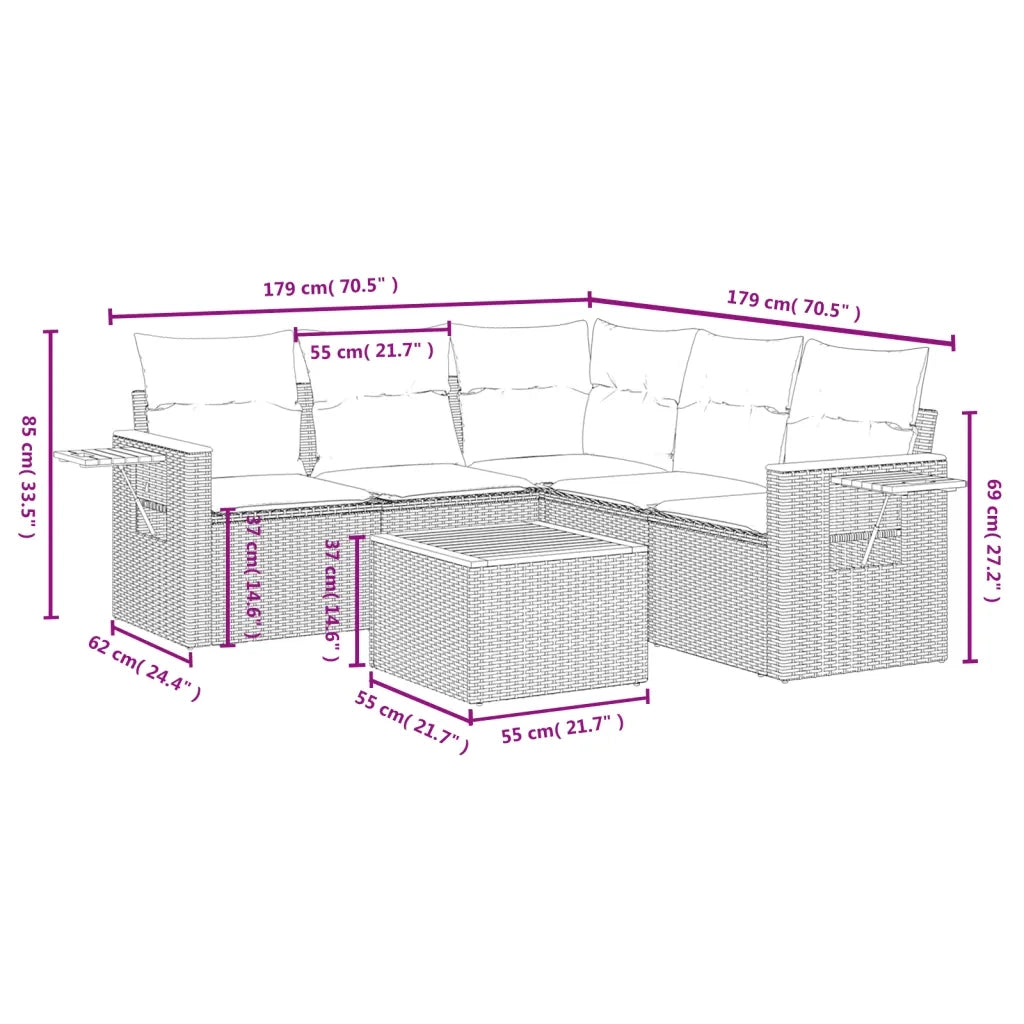 Set Divano da Giardino 6 pz con Cuscini Beige in Polyrattan