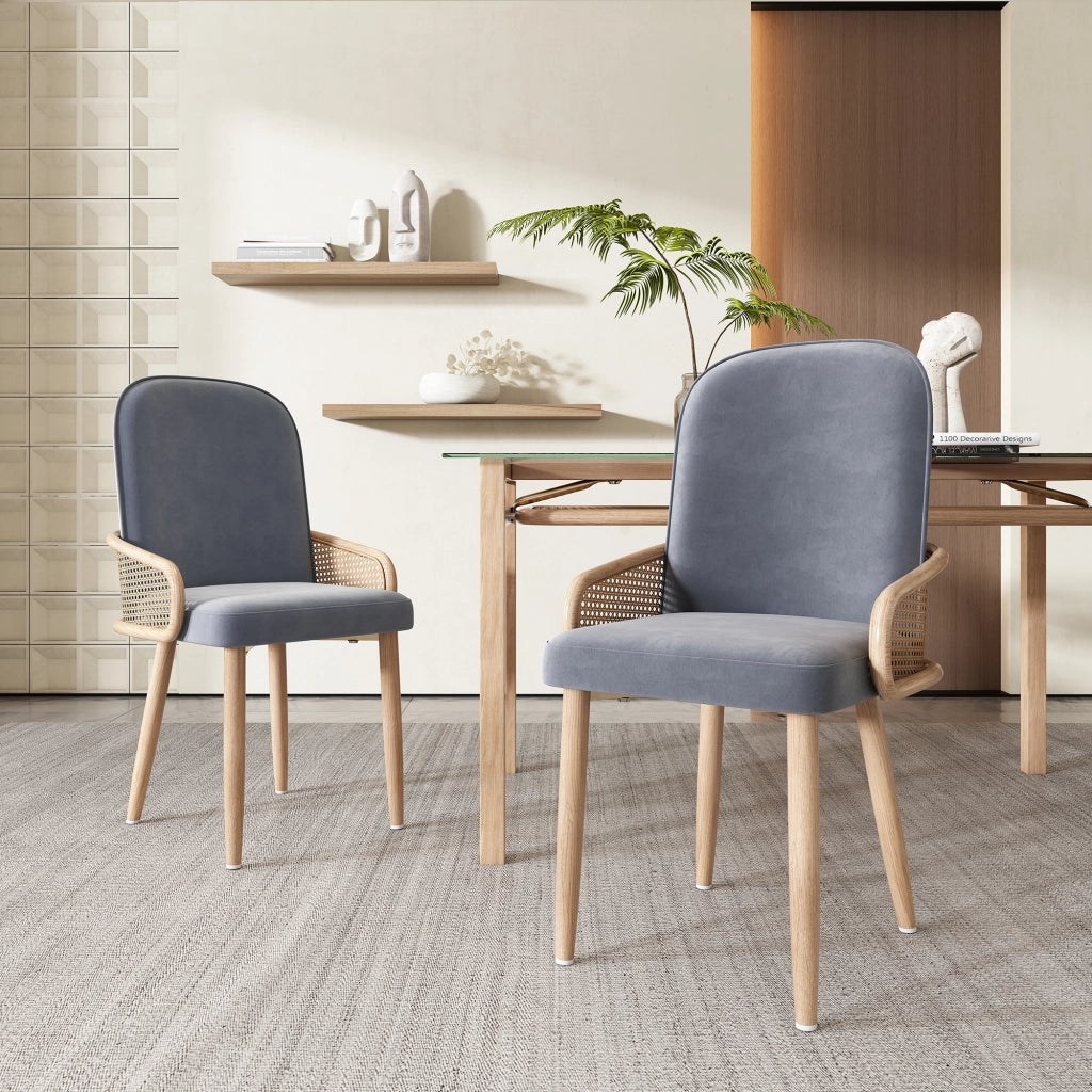SEDIA da pranzo in velluto e rattan, set da 6 pezzi, grigio