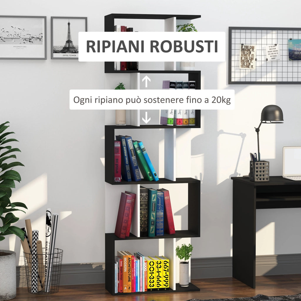 Libreria a 5 Ripiani con Divisorio ¨C Xylo ¨C Legno Bianco e Nero 60x24x184.5 cm