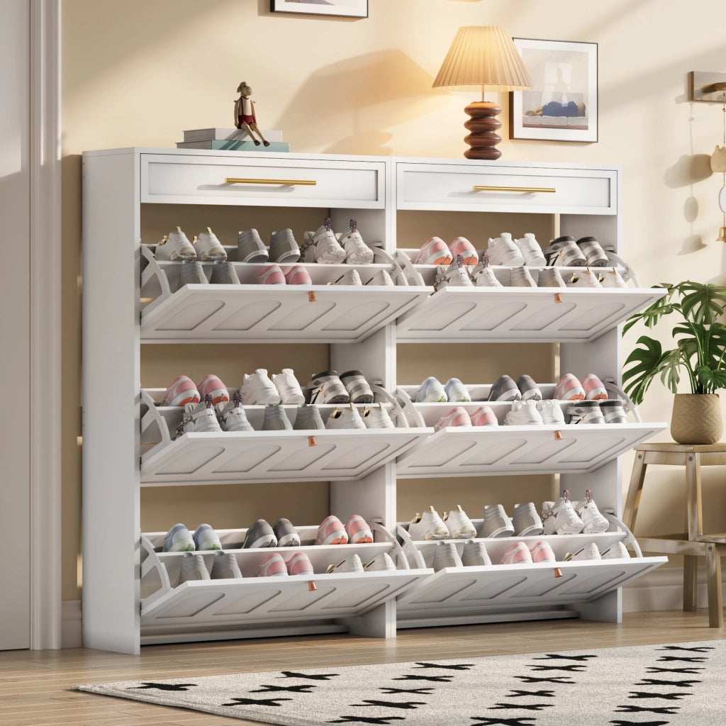 Mobile scarpiere bianco moderno in MDF con 12 ripiani e 2 cassetti, 140x25x123,5 cm