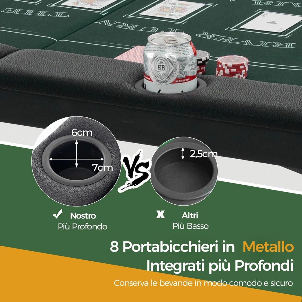 Tavolo da Poker Pieghevole 182 cm per 8 Giocatori, Tavolo da Gioco Ovalo con Supporti per Bicchieri, Rivestimenti Imbottiti, per Blackjack, Texas Hold’em, Giochi da Casinò (Verde)